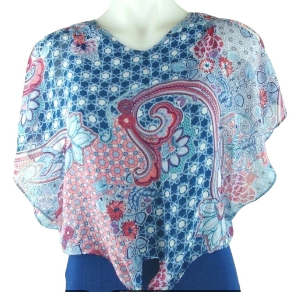 Amy Byer Blue Paisley Floral Poncho Tie Front Layered Top Size M 10-12 Boho Chic